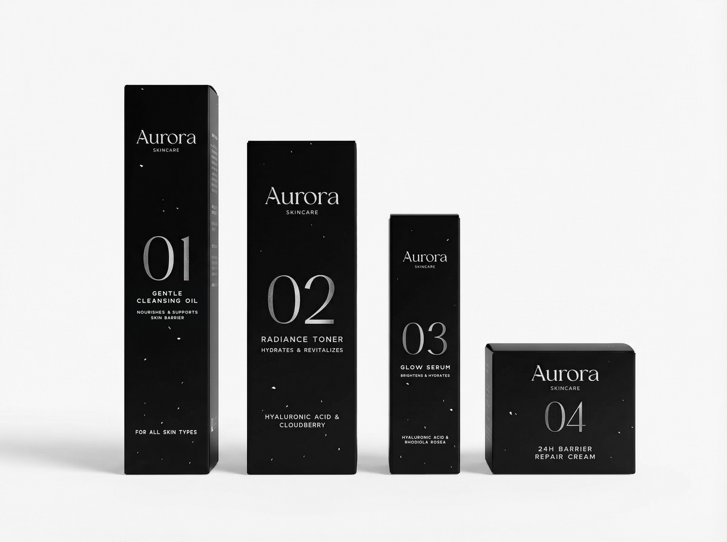 Aurora Skincare complete product collection — Cleansing Oil, Radiance Toner, Glow Serum, and 24H Barrier Cream